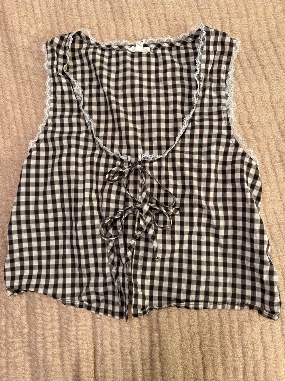 aerie Poplin Tie Front Gingham Lace-Trim Top Cami
